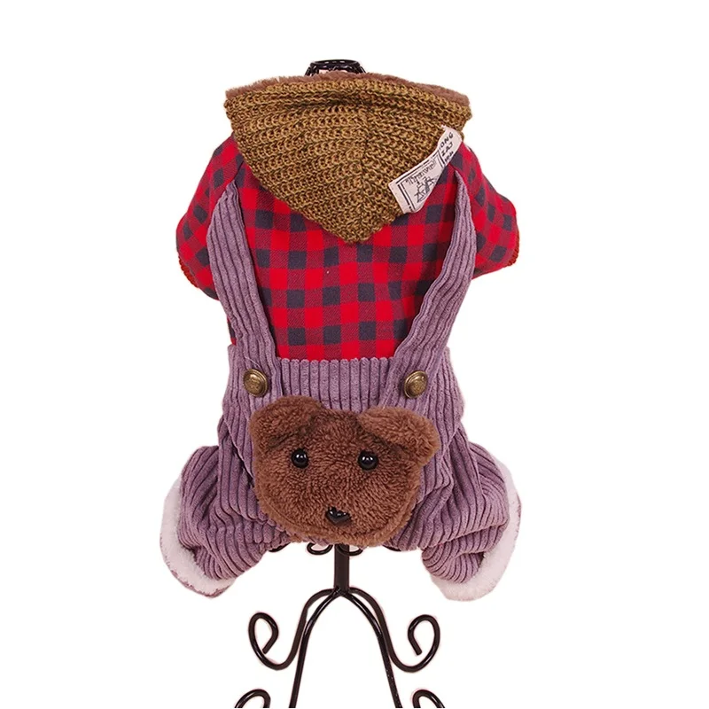 Red Plaid Качественная одежда для маленьких питомцев Petalk, теплый зимний комбинезон для кошек, собак, пальто с капюшоном, одежда с флисовой подкладкой, Комбинезоны для домашних животных, размеры от XS до XXL - Цвет: Red Plaid
