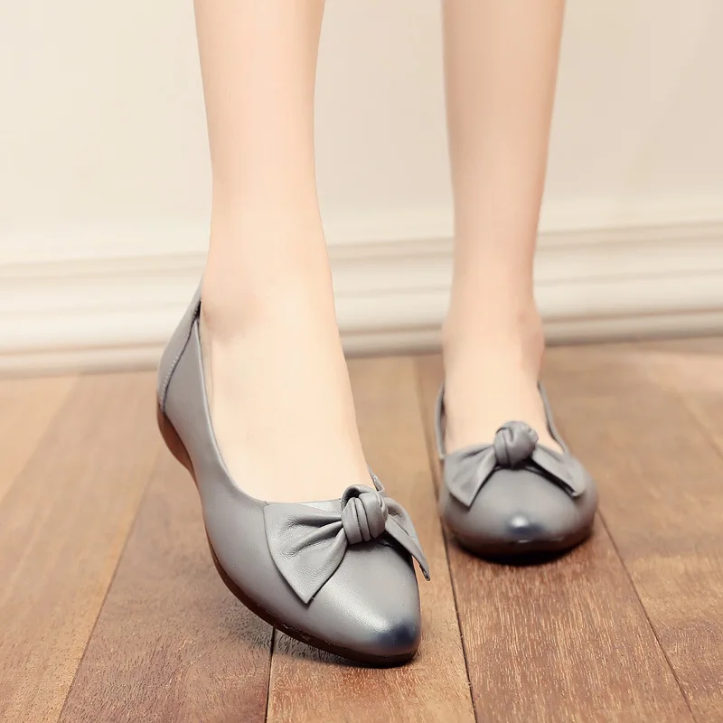 Женские туфли из воловьей кожи с бантом на плоской подошве мягкие удобные