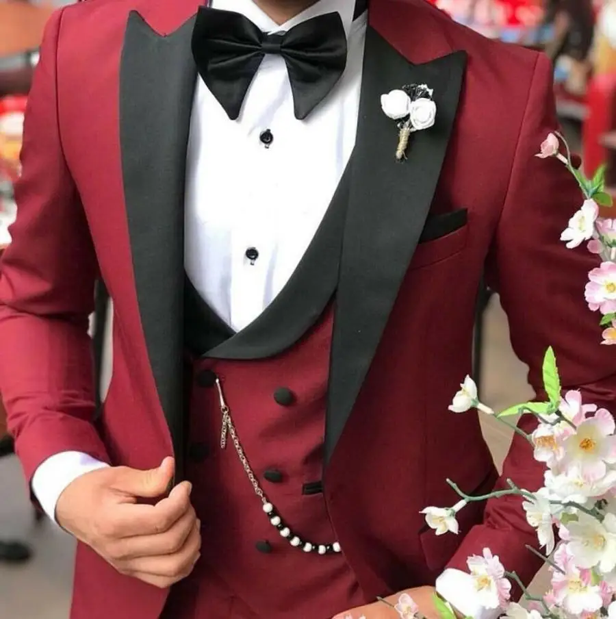Men's 3-Piece burgundy Groom Wedding Tuxedo Dress Double-Breasted Business Slim Fit Suit Jacket + Trousers Vest | Мужская одежда