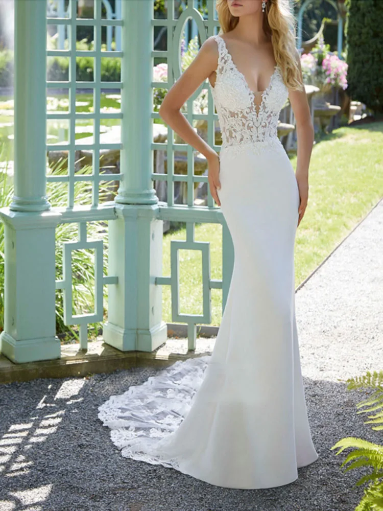 

New Style Wedding Dresses Stretch Fabric Sleeveless V-neck Design Slim Bridal Dress Size Custom Robe De Marie