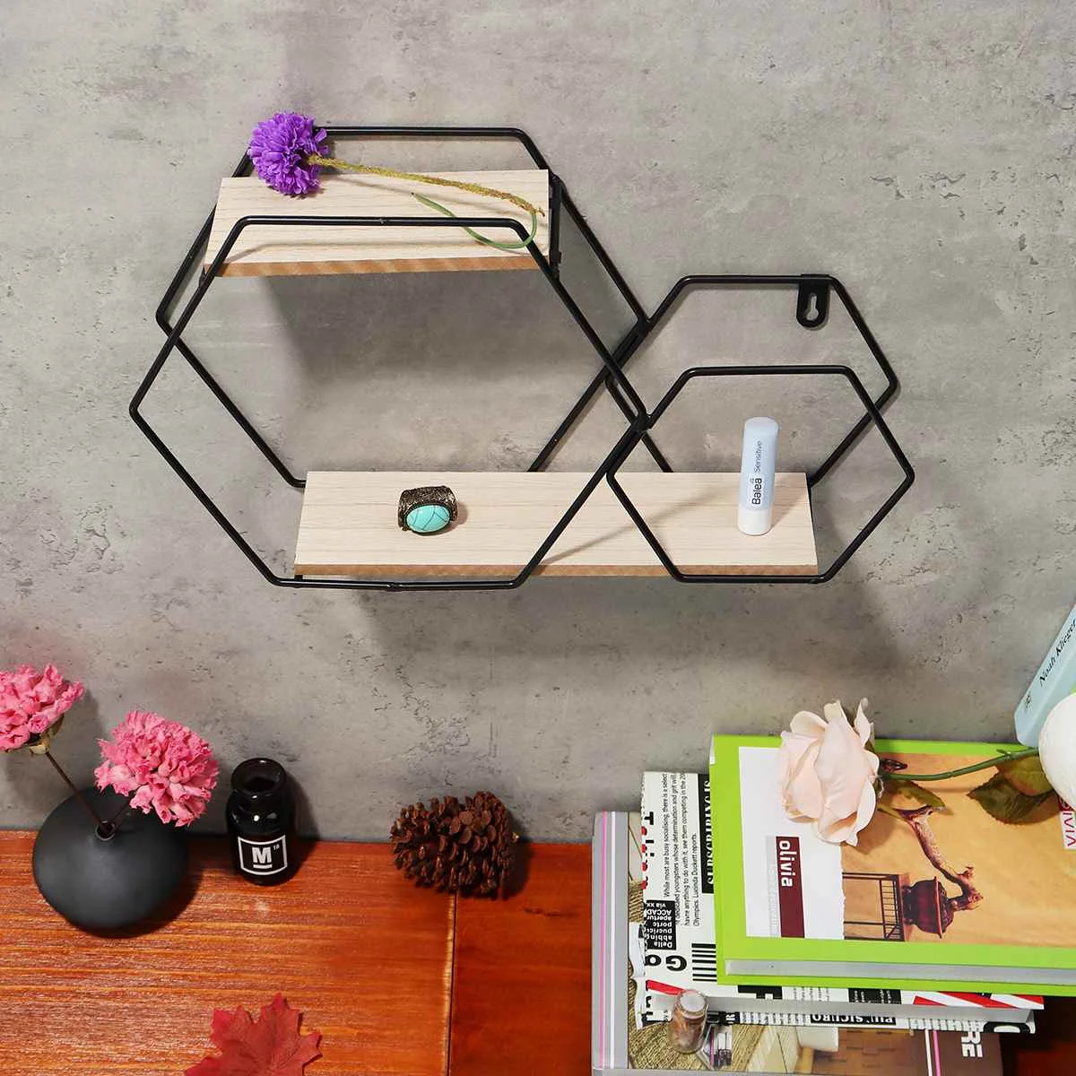 Железная металлическая настенная полка шестигранная Геометрическая Золотая