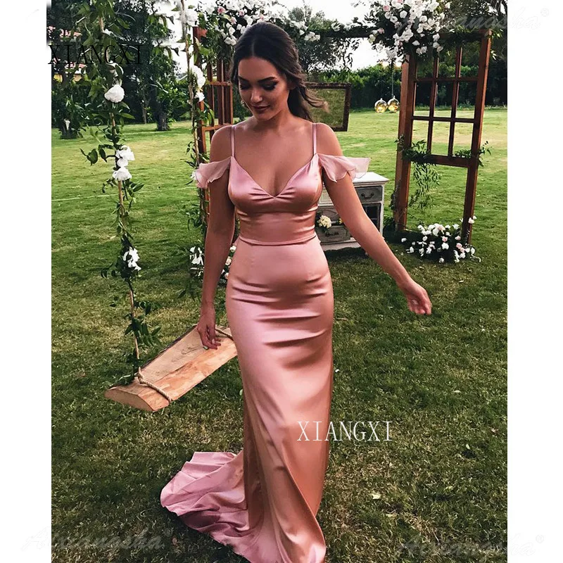 

Женское атласное платье-русалка, длинное вечернее платье с открытыми плечами на тонких бретельках, для выпускного вечера, 2020