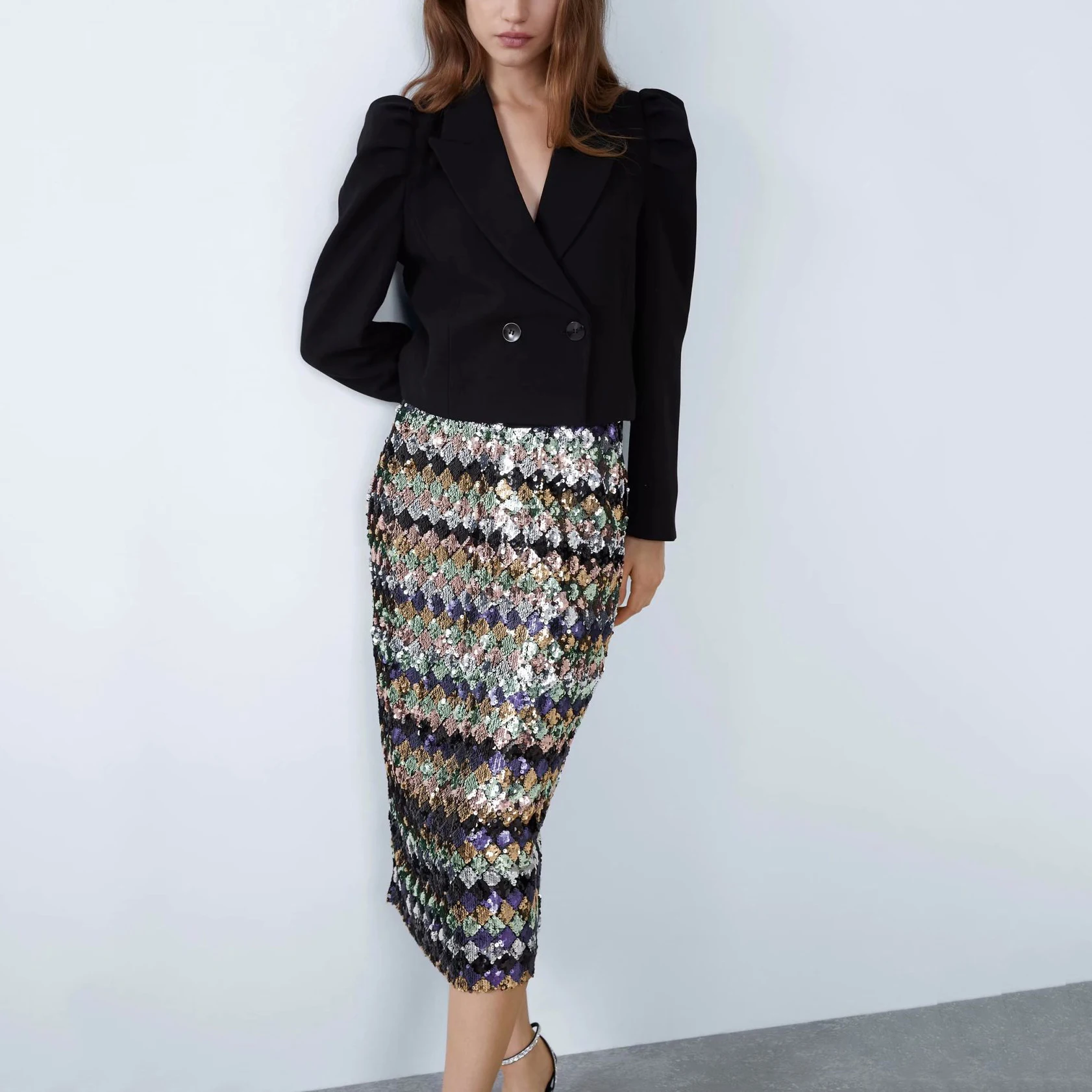 Женская юбка с блестками ZA длинная высокой талией для вечеринки и отдыха