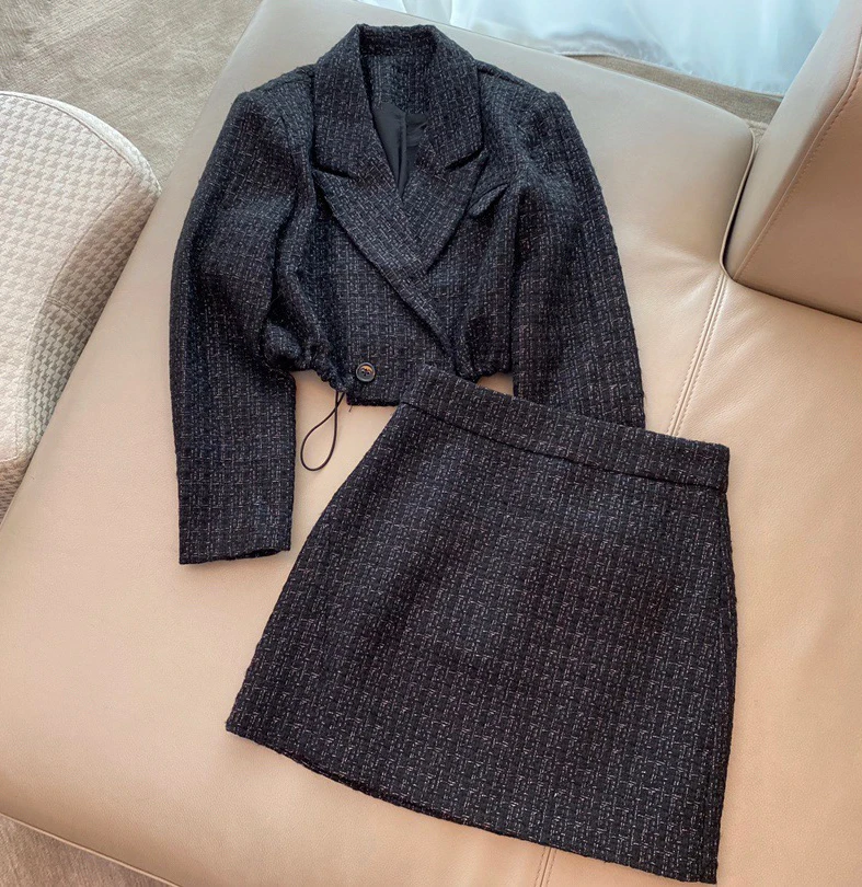 

High Quality Women Hem Drawstring Design Short Tweed Blazer + Package Hip A-Line Skirt 2 Piece Set
