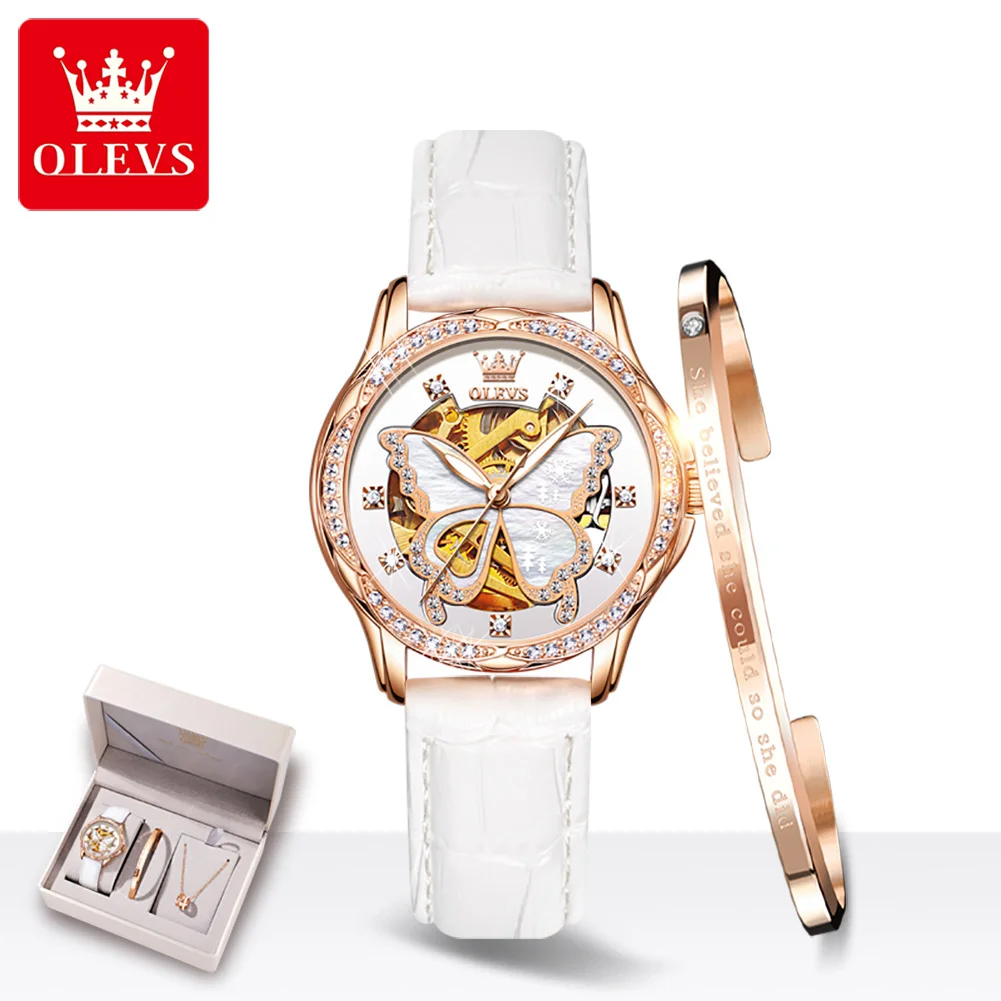 

OLEVS Mechanical Women Watch Fashion Switzerland Luxury Brand Ladies Wrist Watch Automatic Leather Strap Gift 6622 WHITE