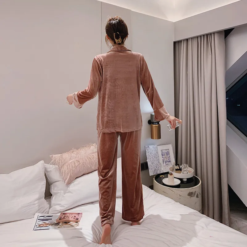 

Autumn Winter Loose Women Gold Velvet Long Sleeve Pijama Set Warm Velour Sleepwear Top+ Pant Young Girl Pajamas Nightwear