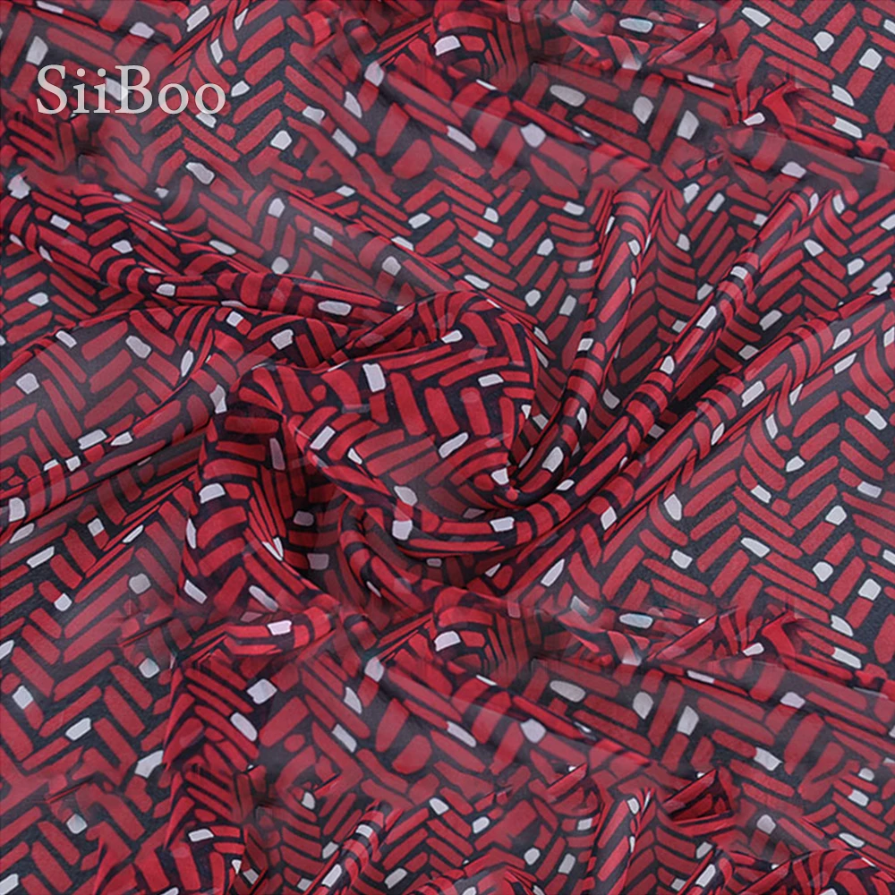 Американский стиль красный геометрический принт 100% натуральный шелк шифон ткань