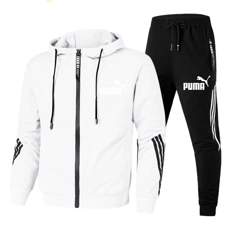 

Brand new autumn and winter men's two piece striped sportswear jacket full sleeve top hood + outdoor sports pants sports suit
