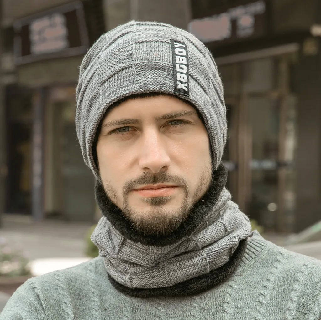Комплект из теплой вязаной шапки и шарфа|Мужская Skullies & шапочки| |