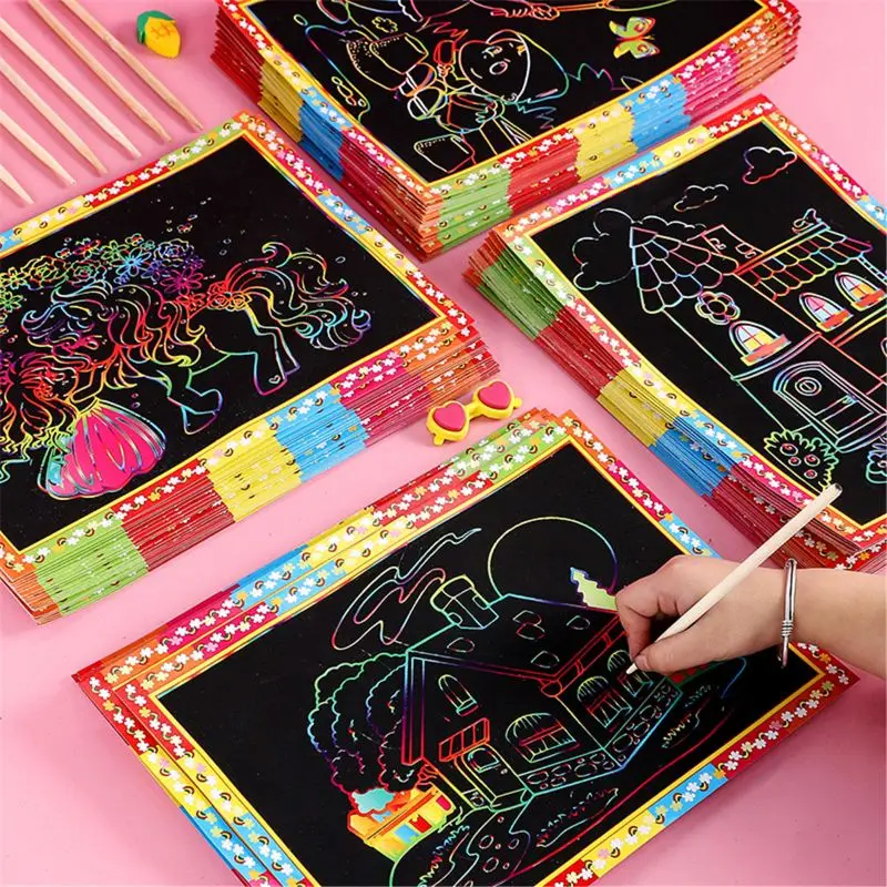 

12 pcs Color Border Scratch Art Paper Magic Painting Paper with Drawing Stick