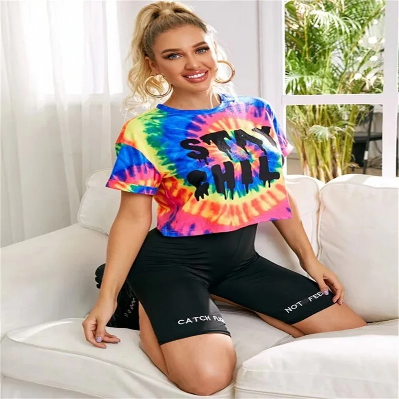 

New Tie Dye Print Crop Tops Women T-shirts Summer Fashion Short Sleeve O-neck Tees Streetwear Active Female Cropped Tops