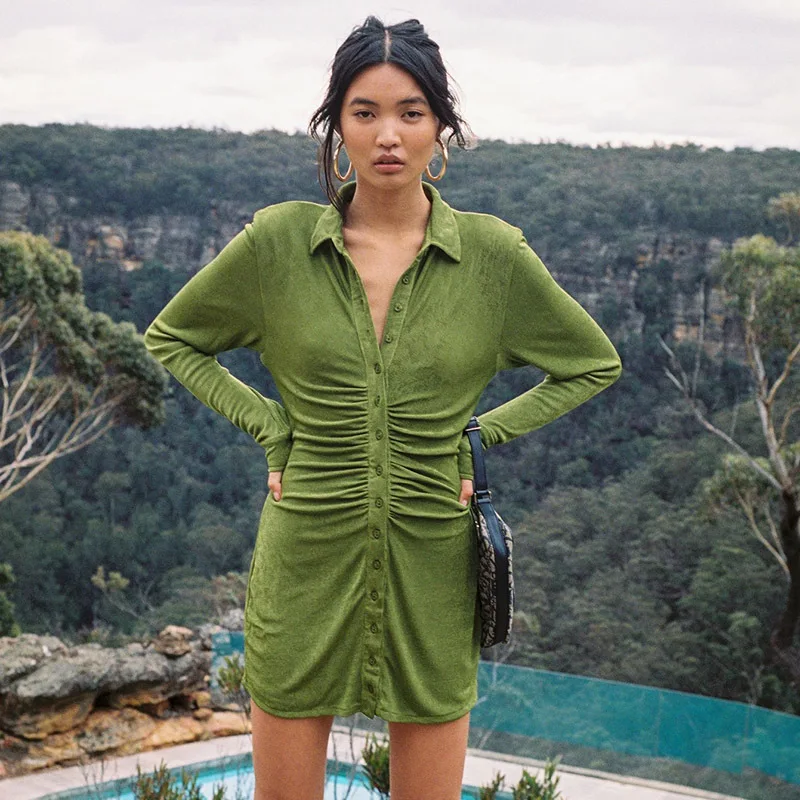 

Women Ruched Shirt Dresses Turn Down Collar Long Sleeve Slim Mini Dress Sexy Party Club Solid Green Bodycon Dresses Vestidos