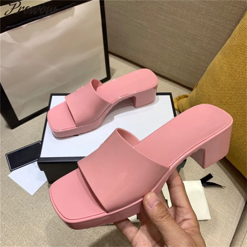 

Prowow 2021 Ladies Summer Jelly Slippers Women Fashion Candy Color Platform Rubber Slides Luxury Chunky Heels Beach Mules Shoes
