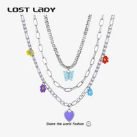 lost lady new fashion letter three layer chain butterfly flowers pendant necklace romantic women lock alloy jewelry gifts party
