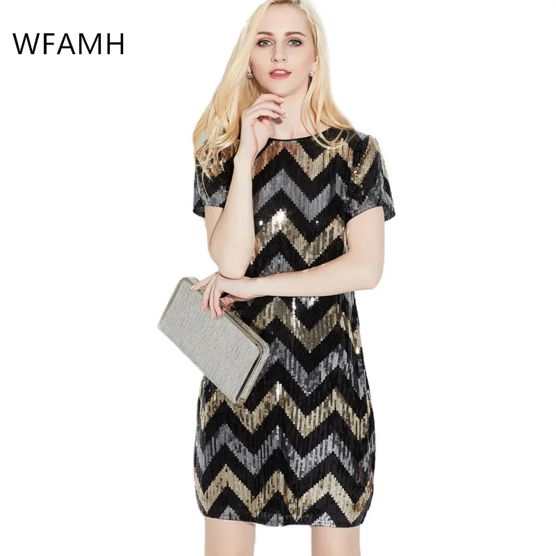 

2021 Summer New Women's Sequined Short-sleeved High-waist Mid-length Dress Black Fashion Evening Dress Polyester A-LINE O-Neck