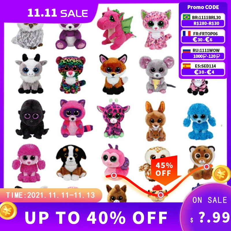 

New 6"15CM Ty Beanie Boos Big Eyes Cat Dog Fox Koala Leopard Owl Monkey Goat Tortoise Plushie Cute Doll Toys Decor Child Gift