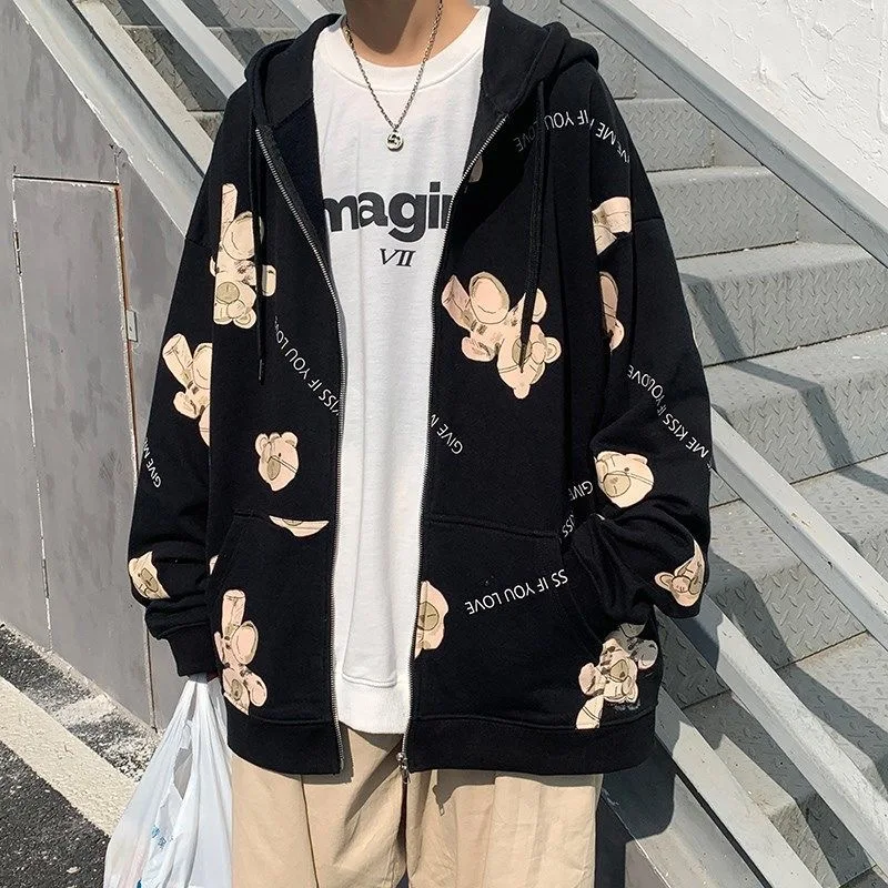 

Bear cardigan sweater men's hooded trend ins loose 2021 spring and autumn plus size black blue print streetwear men's jacket