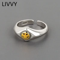 livvy silver color geometric yellow smile face rings charm women simple punk party accessories finger jewelry gifts