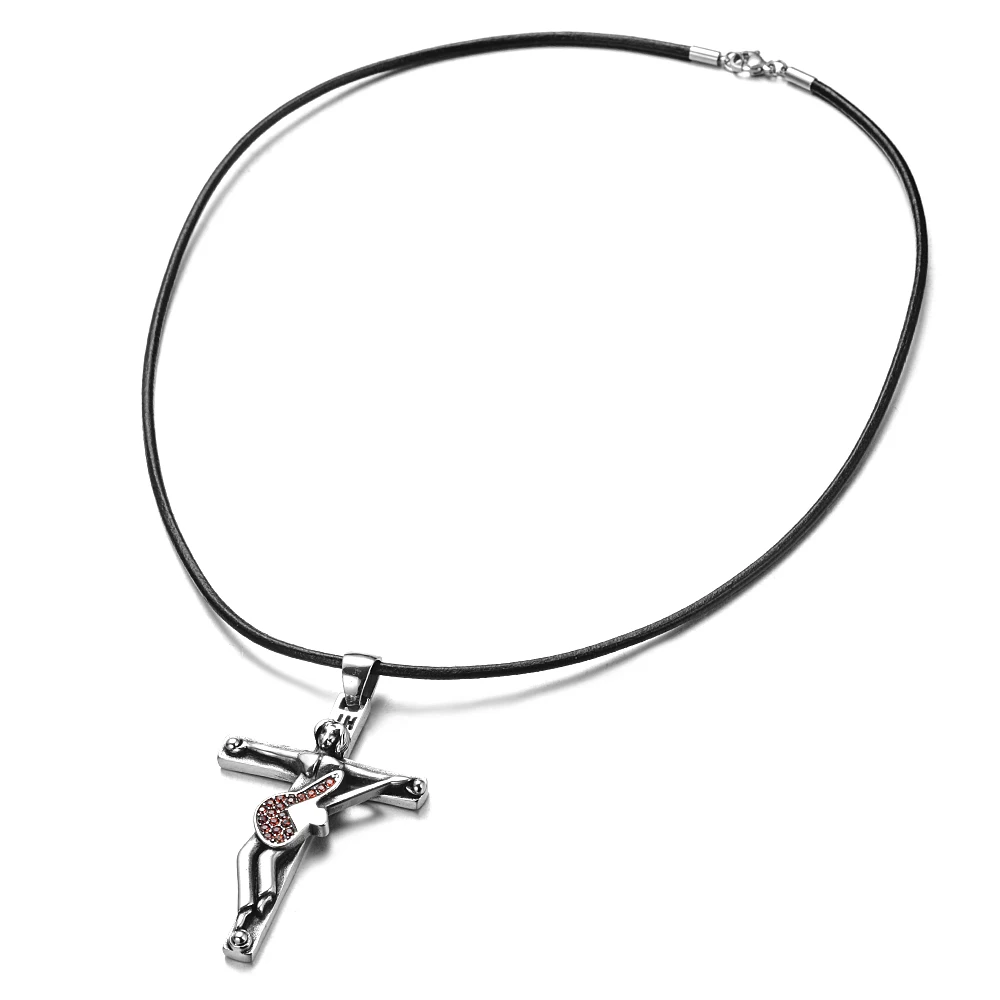 

Johnny Hallyday guitar cross pendant necklace Leather Chain 316 stainless steel floating locket charms Christian Crucifix