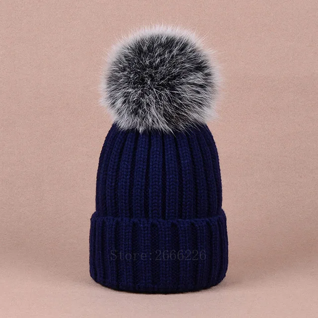Navy Blue B Шапка с лисьим помпоном настоящие меховые шапочки с большим шариком Зимний натуральный Лисий колпачок для помпонов Женская пушистая лиса Меховые помпоны вязаные шапочки шапки - Цвет: Navy Blue B