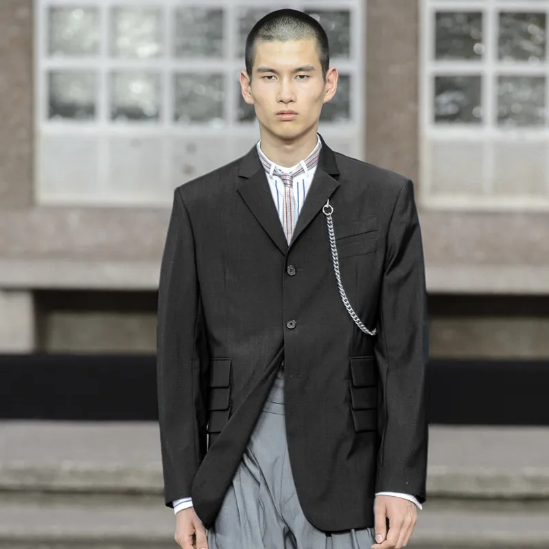 

Мужской облегающий однобортный костюм с длинными рукавами, модный городской Повседневный маленький костюм с несколькими карманами, осень 2021