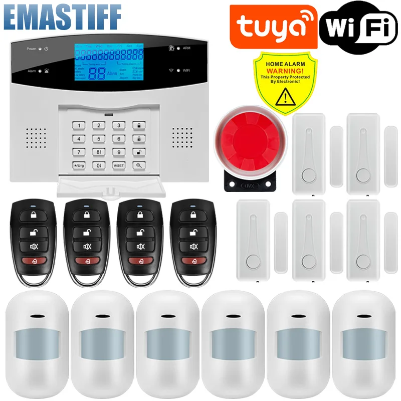 Wireless Tuya APP SIM GSM Home Burglar Security LCD Touch Keyboard WIFI GSM Alarm System Sensor kit Russian,Spanish Voice