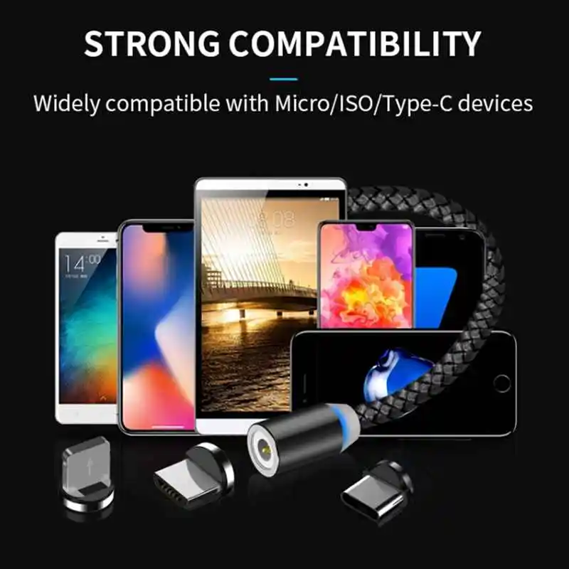 Магнитный кабель 3 в 1, кабель Micro USB type C для iPhone X 7, samsung, S10, Oppo, htc, LG, 1 м, 2,4 А, Магнитный адаптер для зарядного устройства, кабели для телефонов