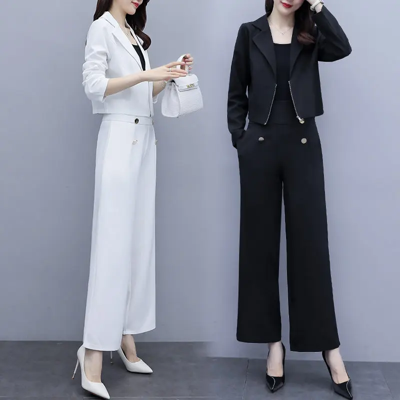 

2020 New Spring and Autumn Temperament Wide Leg Pants Fashion Two-piece Suit Extra Short Jacket + Long Trousers Set Outfit K1185