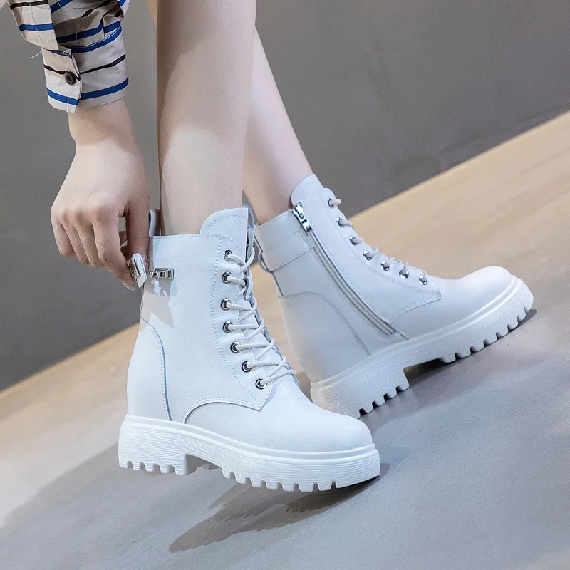 

womens casual party banquet dress platform boots height increase genuine leather shoes ladies cowboy boot black white ankle bota