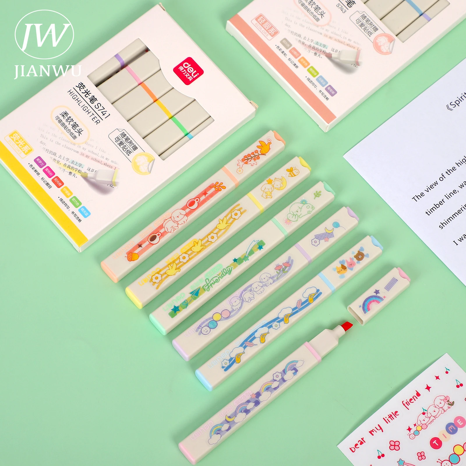 

JIANWU 6 Pcs/Set Soft Color Oblique Head Highlighter Cute Stickers Decorative Marker Diary Scrapbook Fluorescence Pen Stationery