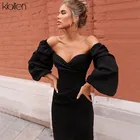 Соблазнительное однотонное облегающее платье KLALIEN с V-образным вырезом и открытыми плечами 2019, женское осенне-зимнее элегантное платье миди для вечевечерние и клубов, 2 цвета
