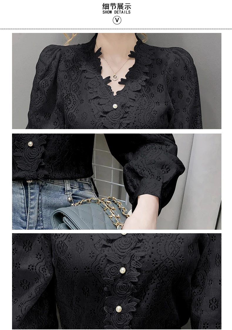 

2021 Spring Autumn French Style V-neck Base Shirt New Elegant Hollow-out Lace Female Tops Fashion Sweet Buttoned Women Blouse