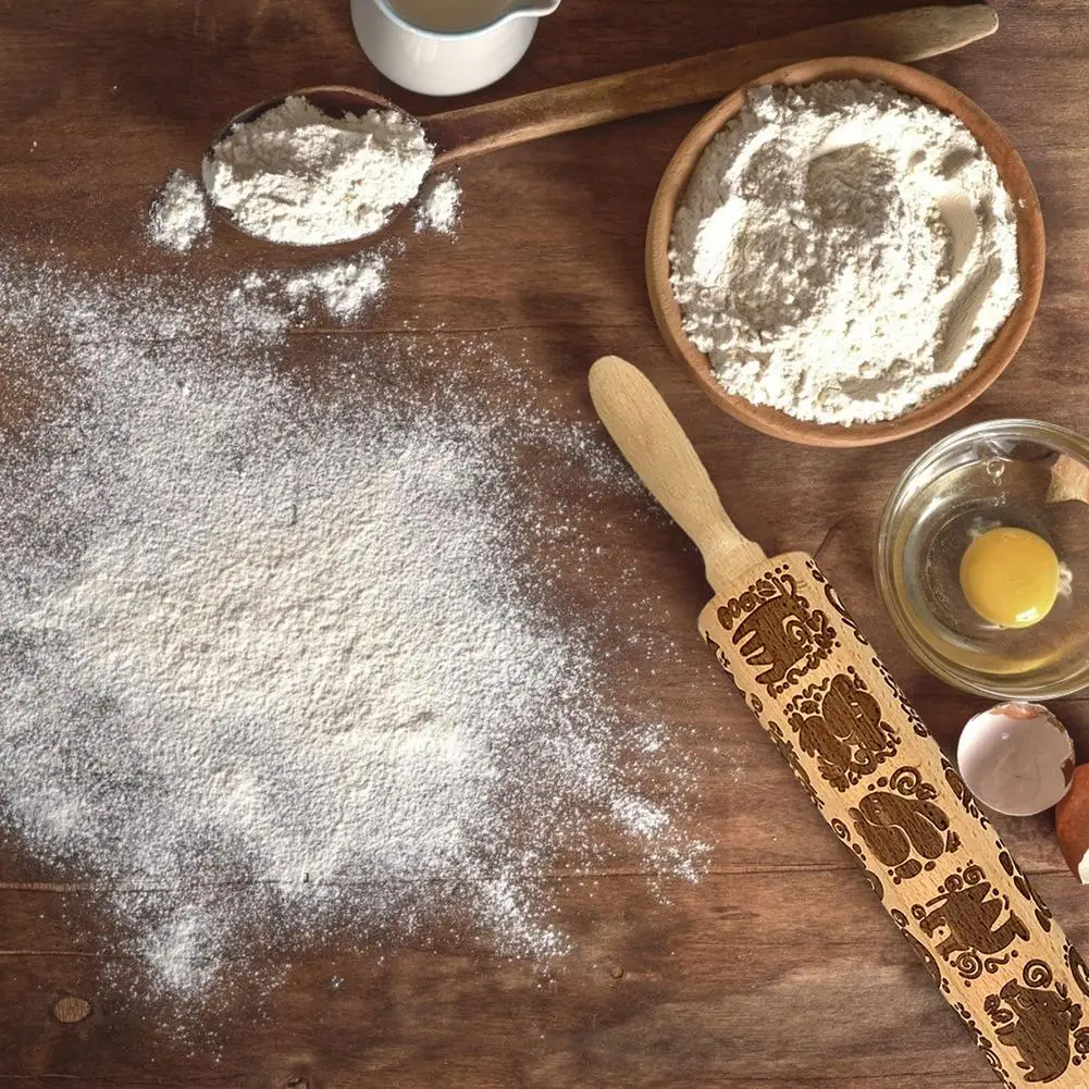 

Embossed Rolling Pin Wooden Dough Roller Animal Pattern Cookies Noodle Biscuit Fondant Engraved Roller Baking Tool