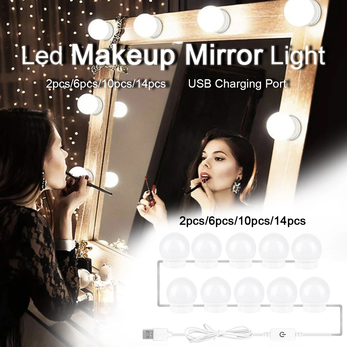 

Светодиодное зеркало для макияжа с лампочками, USB, голливудское зеркало для макияжа, освесветильник для туалетного столика для ванной, свет...