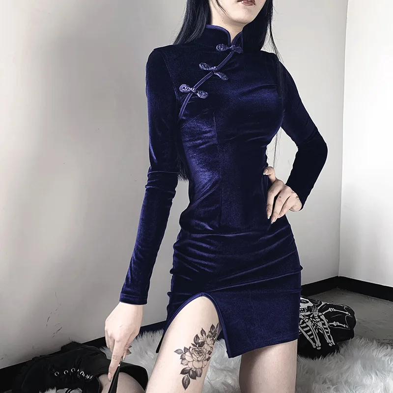 Женское бархатное платье Ципао She style однотонное винтажное элегантное в