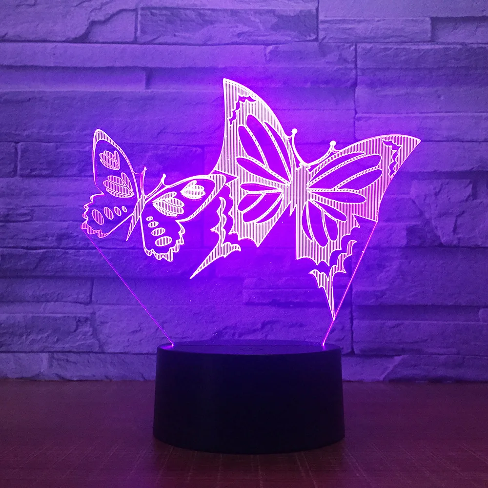 

Two Butterfly 3D LED RGB Night Light 7 Color Change Desk Light Action Figures 2818 Kids Home Christmas Toys