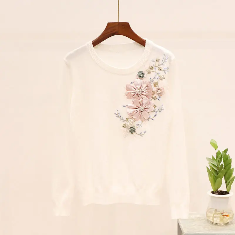 Новый женский повседневный костюм с вышивкой вязаный 3D пуловер в цветочек и