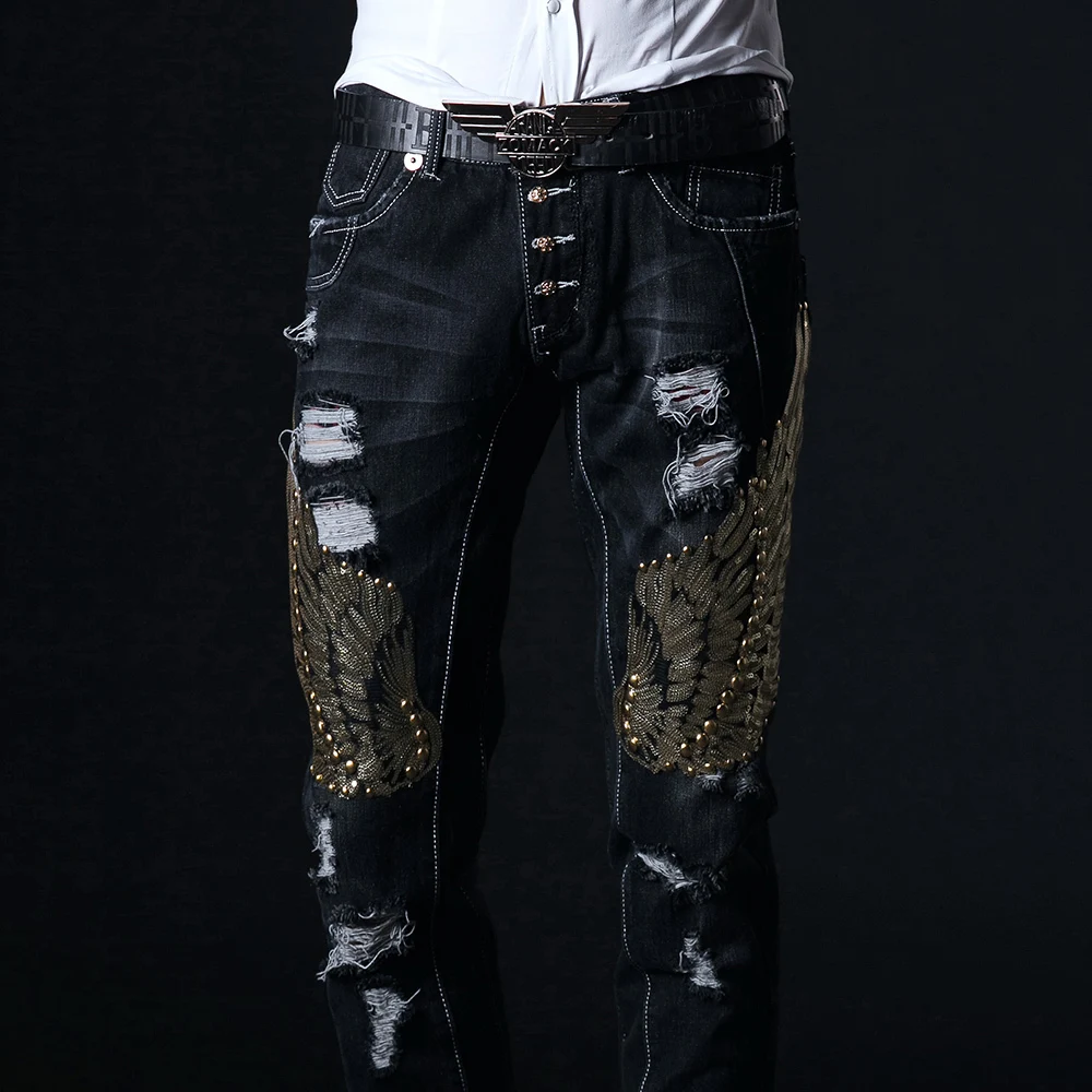 

Embroidery Men Korean Slim Moto Biker Hole Denim Pants Vintage Sequins Stage Male Trousers Middle Skinny Jeans Man
