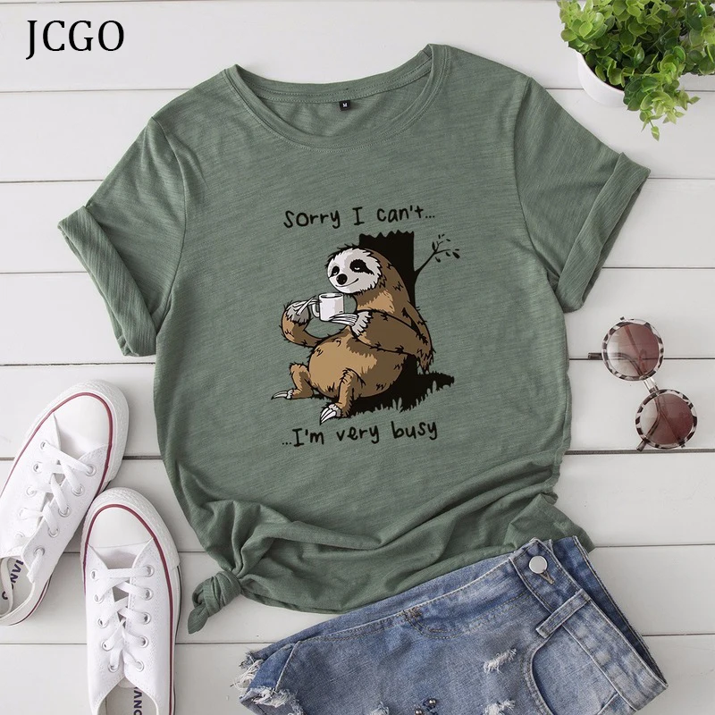 

FAKUNTN Women T-shirt Summer Short Sleeve Cotton Plus Size S-5XL Cute Lazy Sloth Print Funny Casual O Neck Female Tshirt Tees
