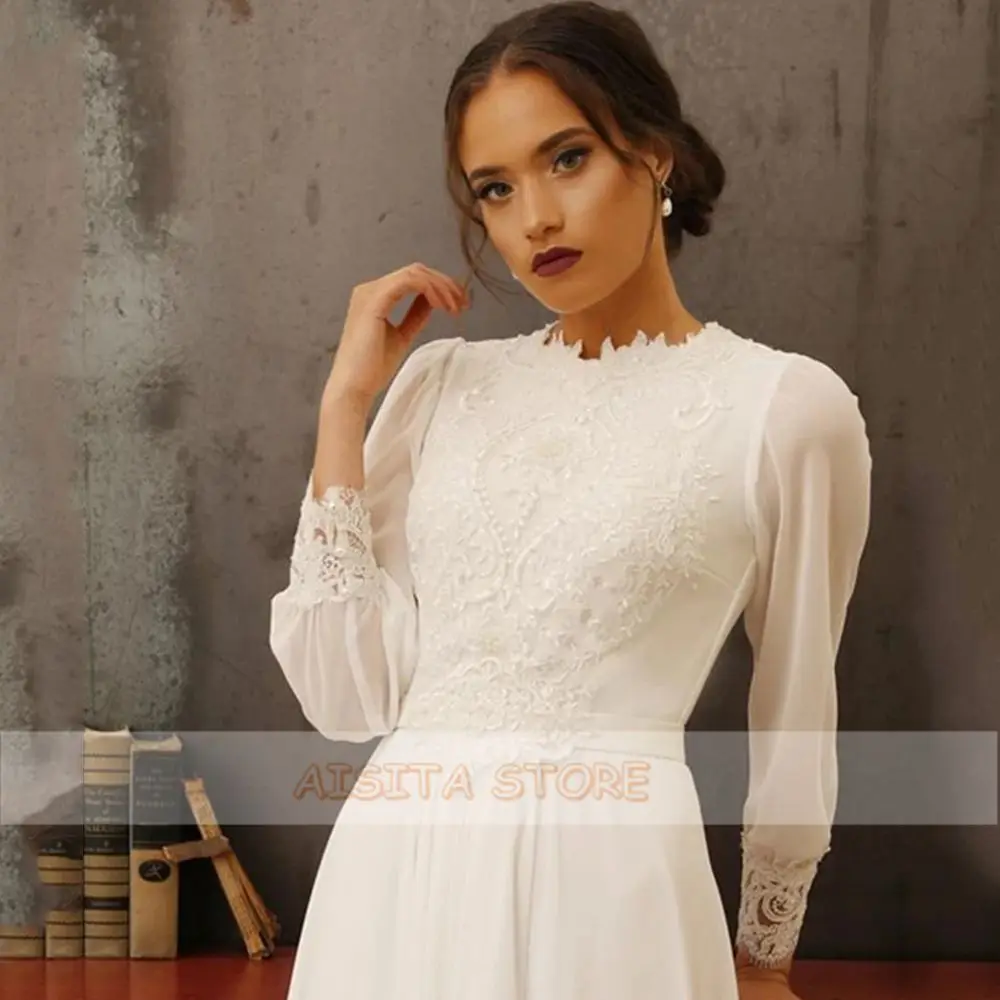 Simple Wedding Dresses Elegant O Neck Long Sleeve Lace Appliques Chiffon Sheath Sweep Train Bridal Gowns 2021 Vestido De Noiva