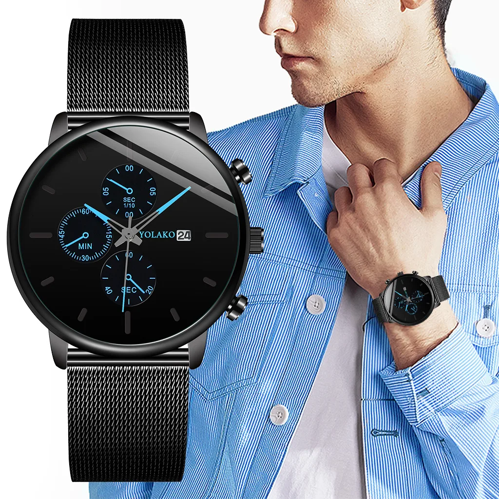 

YOLAKO To Brand Fashion Men's Watch Casual Calendar Clock Alloy Mesh Belt Ultra-thin Mesh Belt Quartz Watches Chronograph