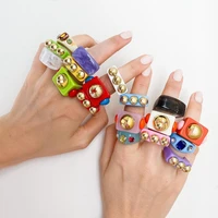 10pcs geometric resin rings for women colorful large square acrylic golden bead ring female party aesthetic jewelry