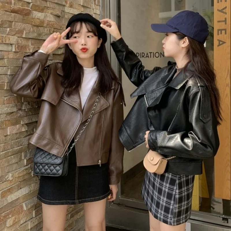 Черная кожаная куртка Женская весенне-осенняя блузка свободного покроя нового