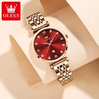 olevs top brand fashion red dial quartz watch ladies luxury diamond rose gold stainless steel strap waterproof women watch 5866