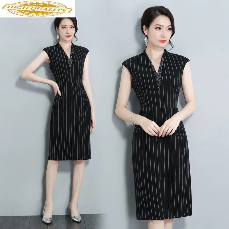 Весна лето офисное платье для женщин элегантное в полоску платья средней длины с