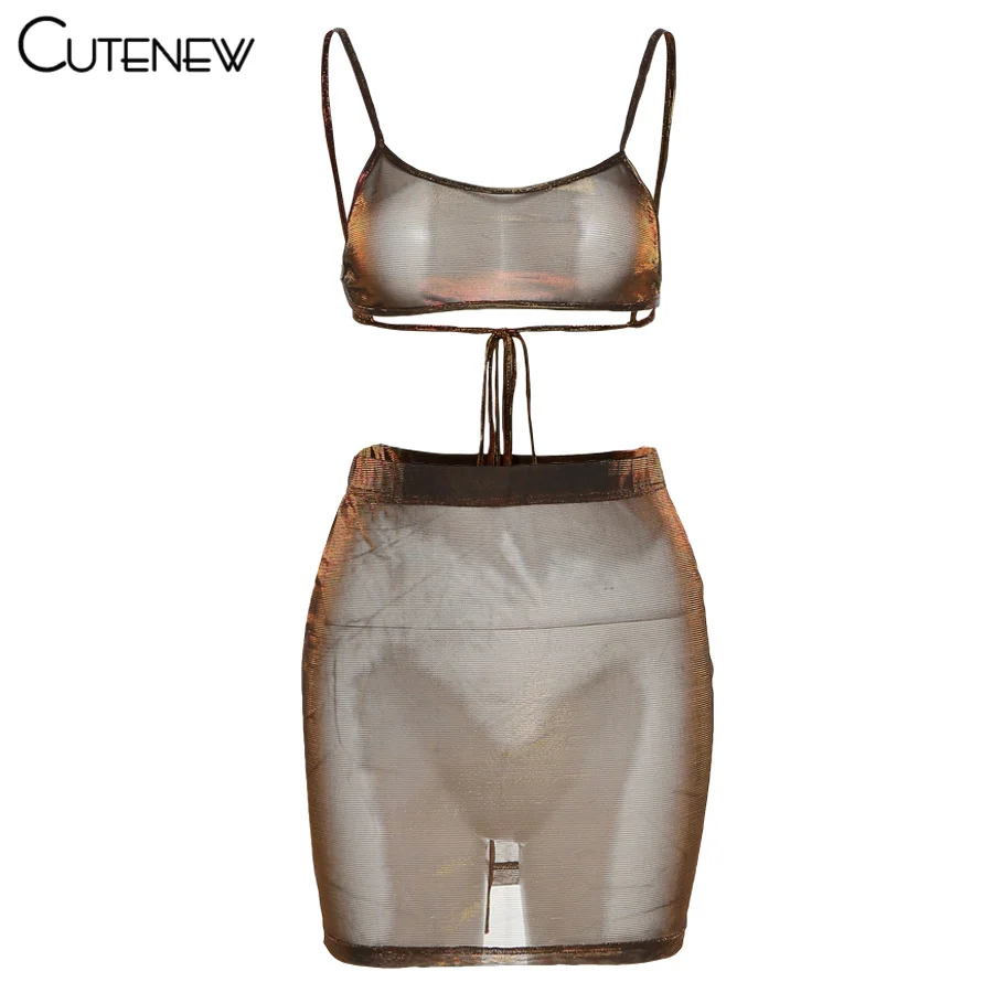 

Cutenew 2021 Summer Sexy Mesh See Through Two Piece Set Women Sleeveless Backless Top And Skinny Mini Skirts Lady Party Clubwear
