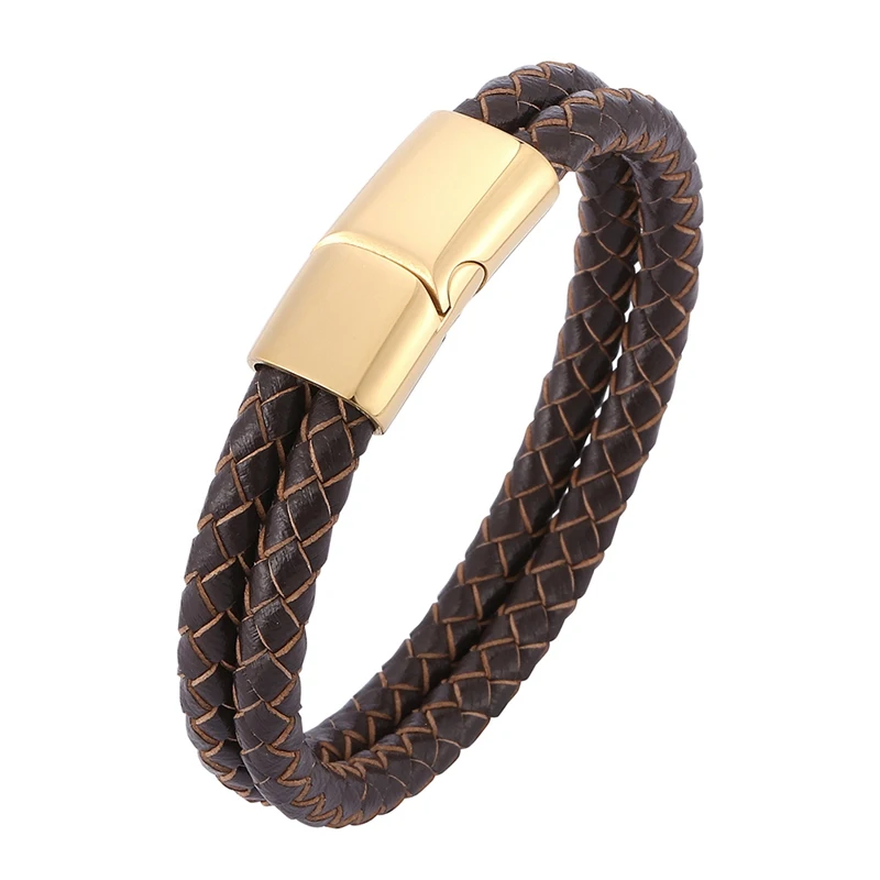 

Punk Men Jewelry Brown Double Braided Leather Rope Bracelet Vintage Stainless Steel Magnetic Clasp Male Wristband Gifts SP0511