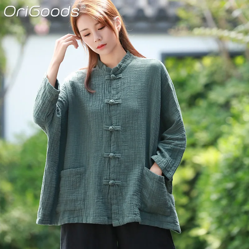

OriGoods Oversized Shirts Women Loose Style Blouses Cotton Linen Solid Red Green Black Oversize Coat Outwear Tops C183