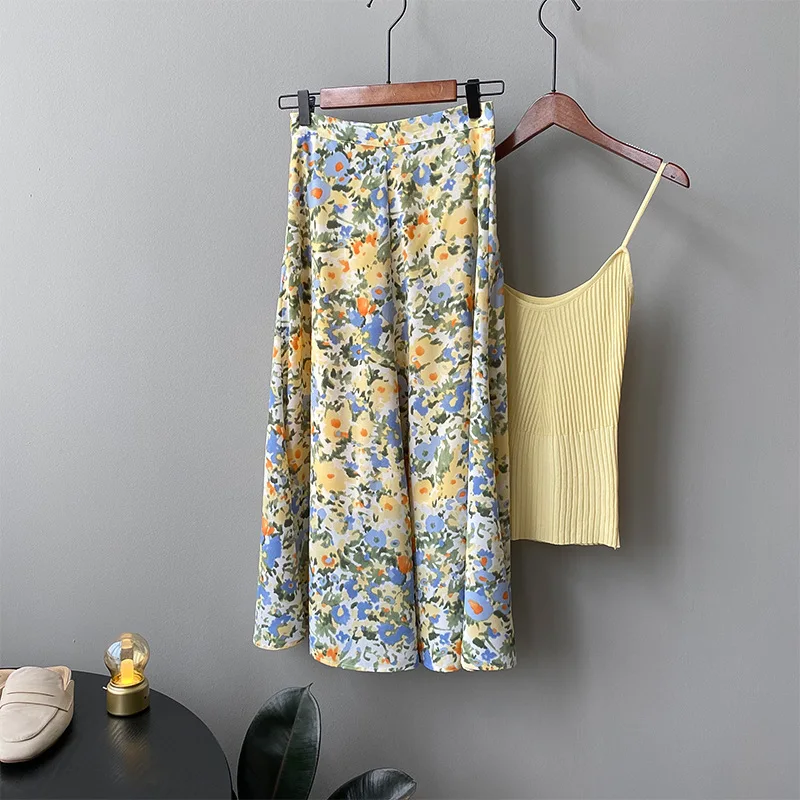 Женская юбка-трапеция средней длины с высокой талией голубая юбка цветочным