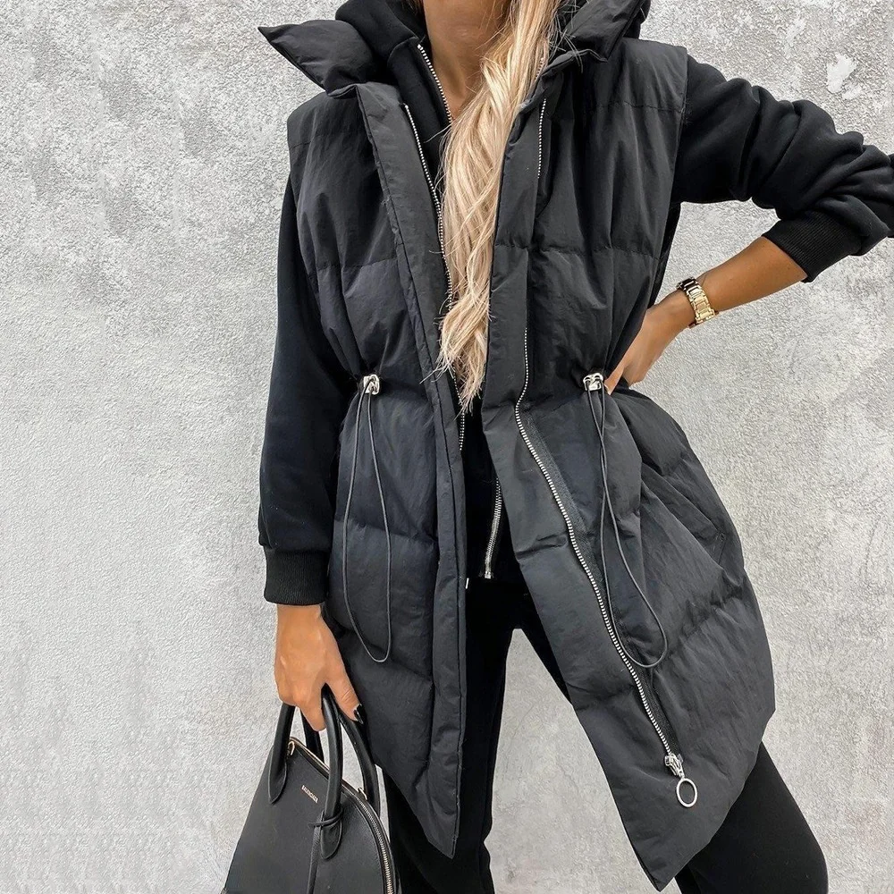 

2021 Autumn and Winter New Women's Cotton Clothes Fashion Solid Sleeveless Loose Pocket Zipper Cotton Waist Coat Vest Jackets